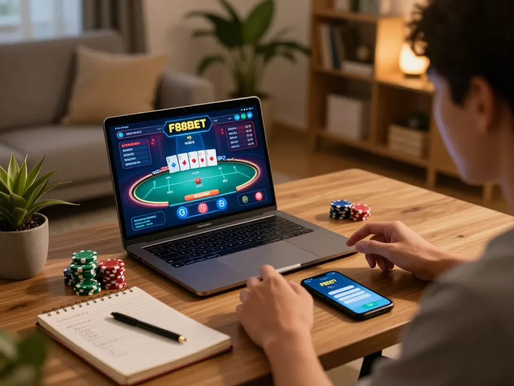 Player enjoying F88BET's live poker game on a laptop, with strategic notes and smartphone nearby.