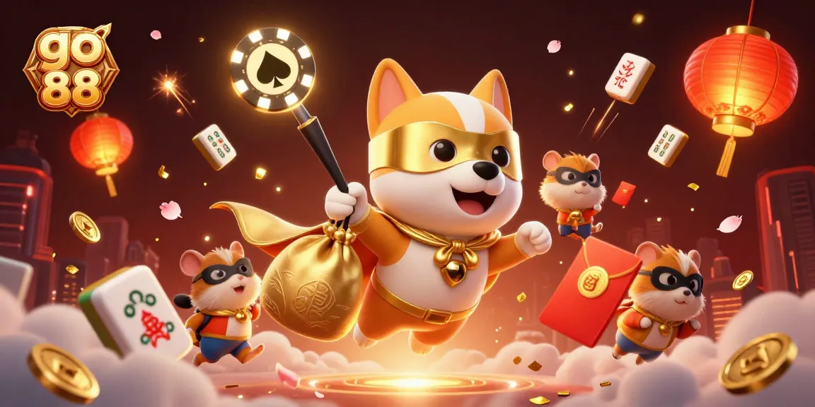 Engage with go 88 in an action-packed casino scene featuring a superhero dog and hamster.