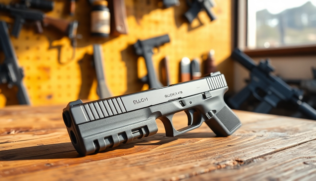 Display of a glock 19 slide with metallic finish on rustic wood, highlighting sleek design and quality.