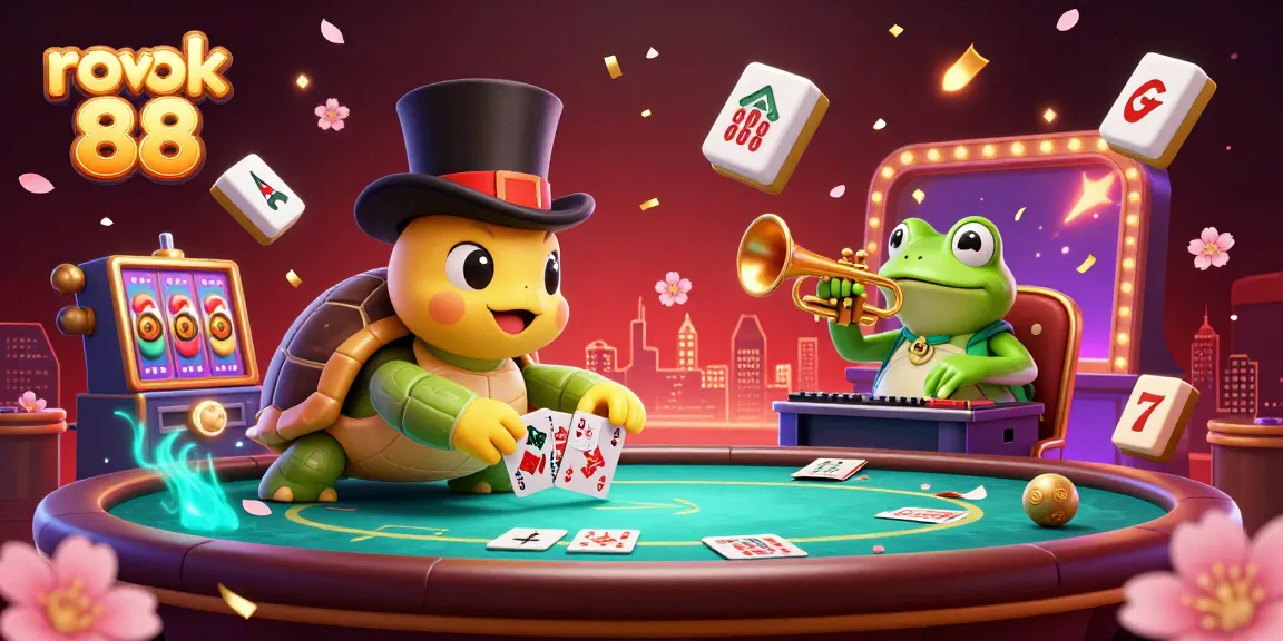 Engage with rokok 88's lively casino scene featuring a turtle dealer, trumpet frog, and vibrant gambling elements.