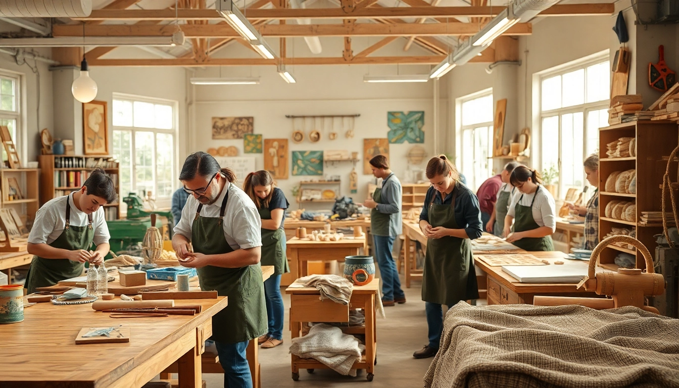 Learn about craft training programs through hands-on workshops and skilled artisans in a vibrant workshop.