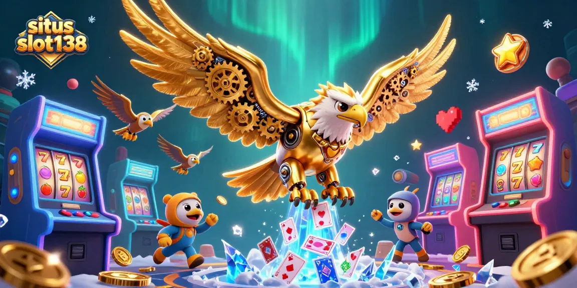 Experience thrilling action with situs slot138 amidst a dazzling display of slot reels and colorful arcade machines.