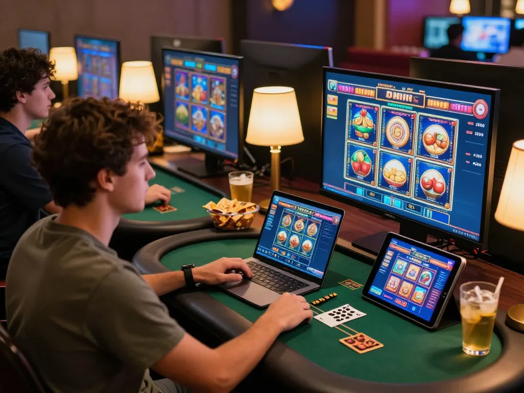 Pemain Bintangmpo terlibat dengan slot kasino online dan poker dalam suasana modern yang nyaman.