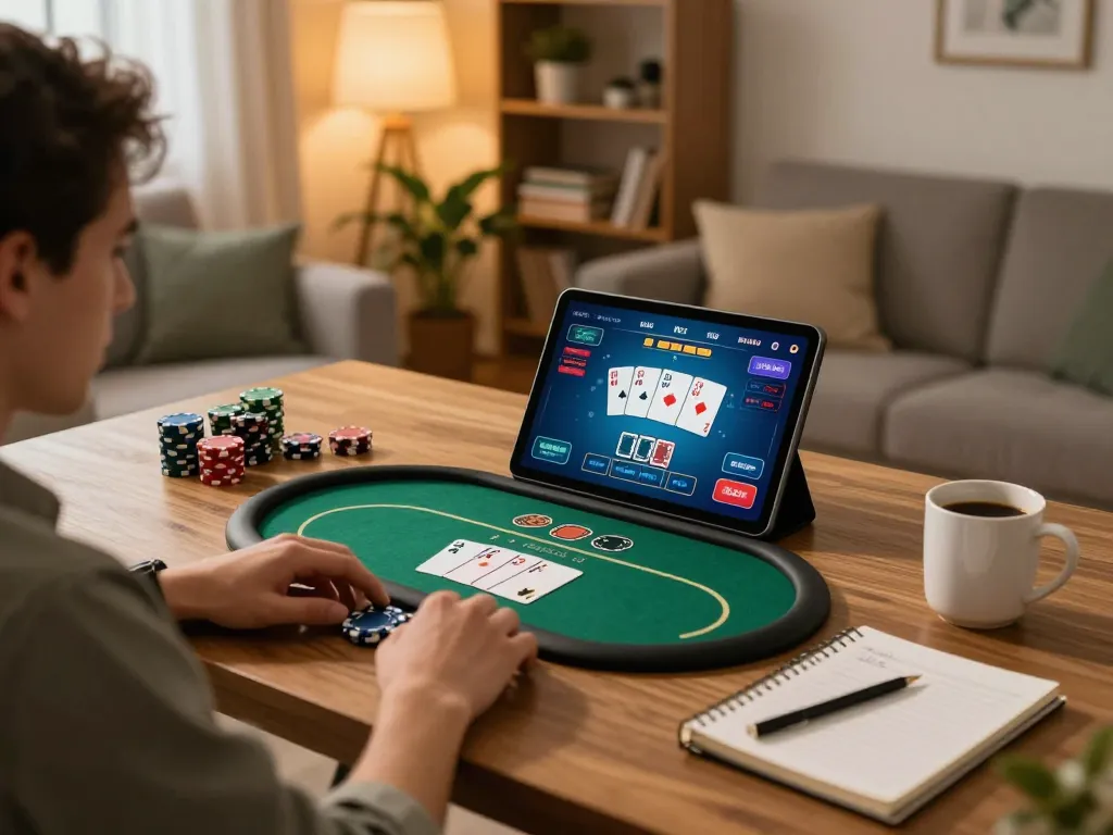 Player enjoying poker on tablet at home while strategizing bankroll management with tg88 app.