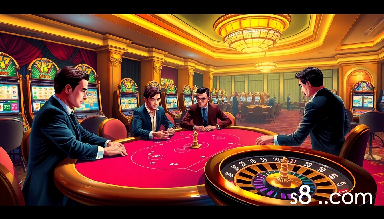 Excited gamblers playing poker at a vibrant casino scene featuring s8.com.
