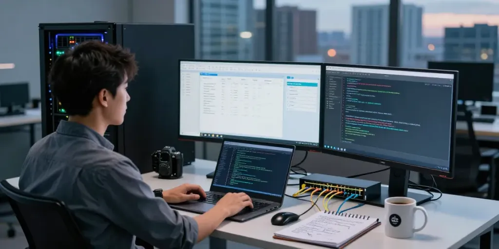 Teknisi IT mengelola ServerPG dengan sistem dan perangkat jaringan modern.