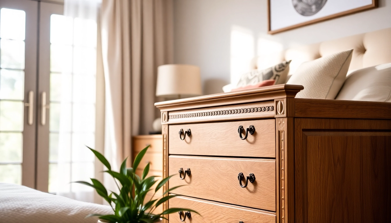 Chest of drawers in an elegantly designed bedroom, highlighted by sunlight and decorative elements.