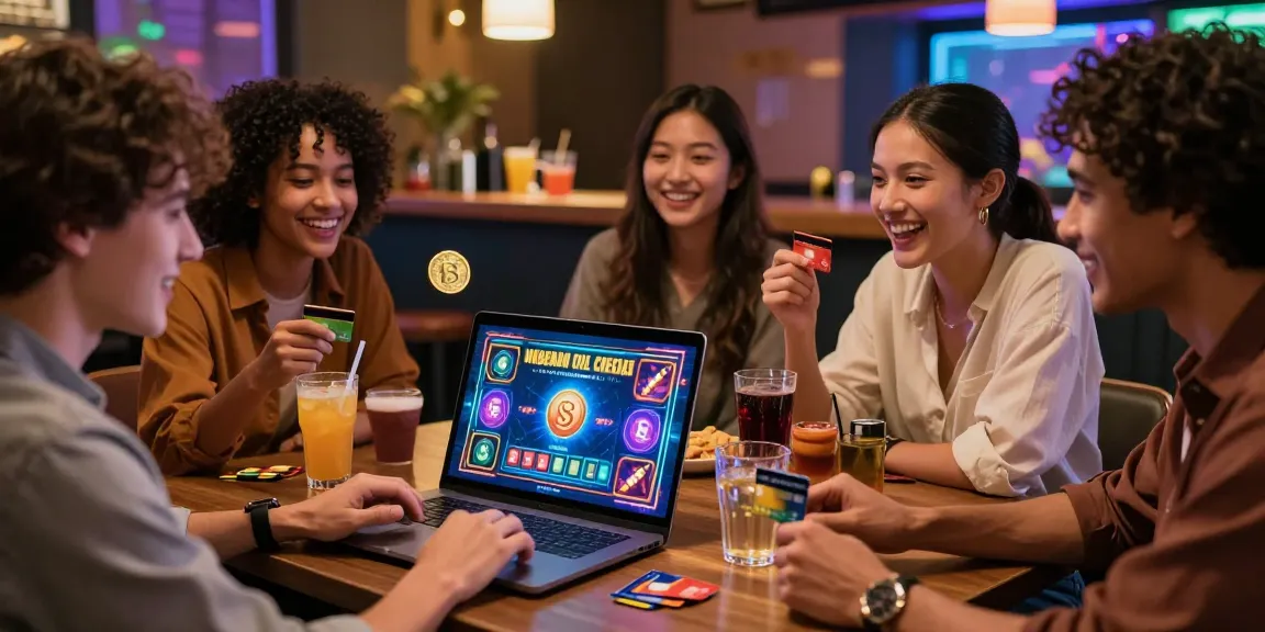 Friends enjoying gaming at casinos that accept credit cards, with vibrant visuals and a lively atmosphere.