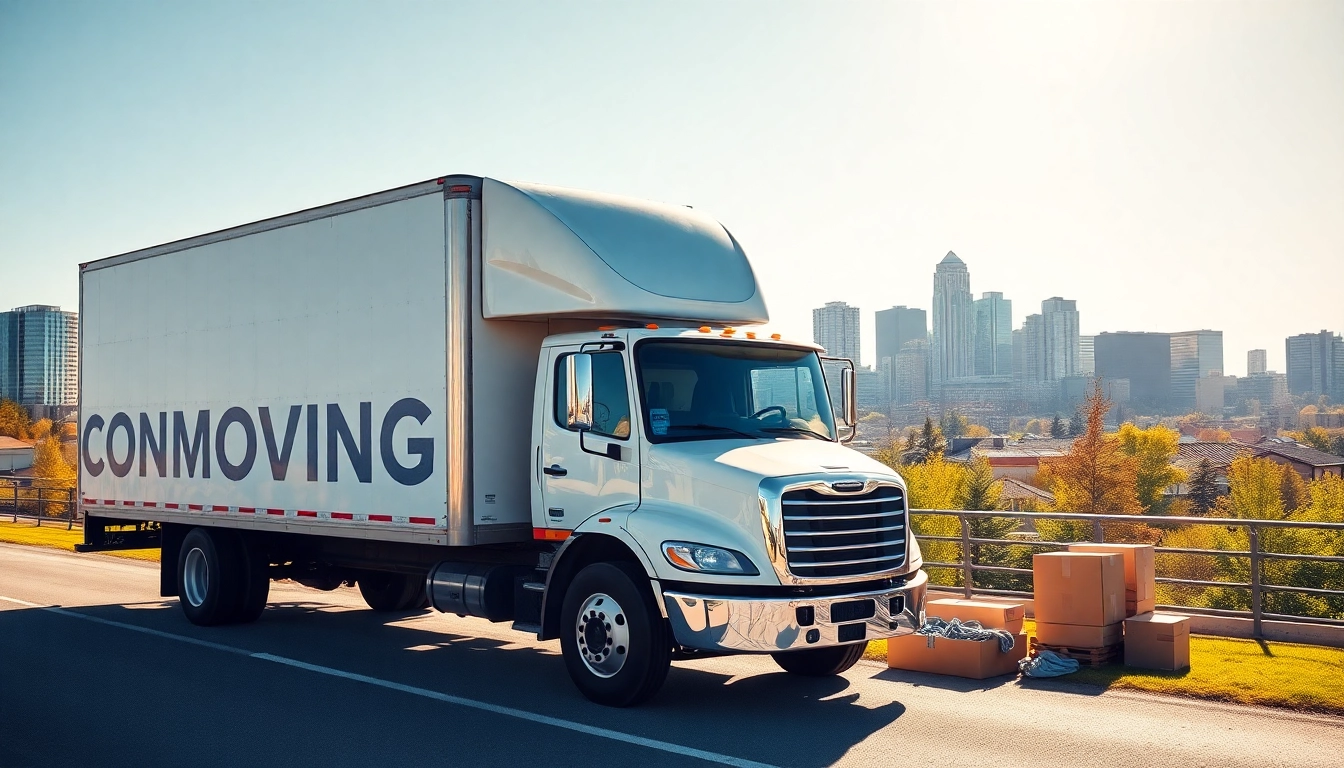 Efficient long distance movers Calgary truck amidst the city's skyline