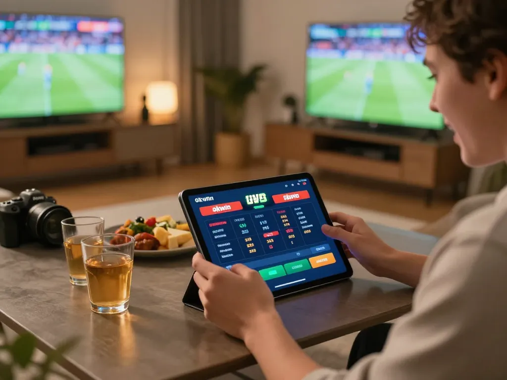 Enjoying live betting on the okwin app during a game night at home.