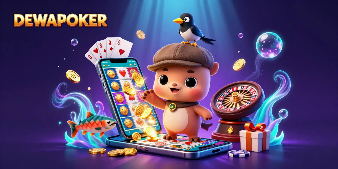Join the excitement with DEWAPOKER, featuring playful characters amidst vibrant casino elements.