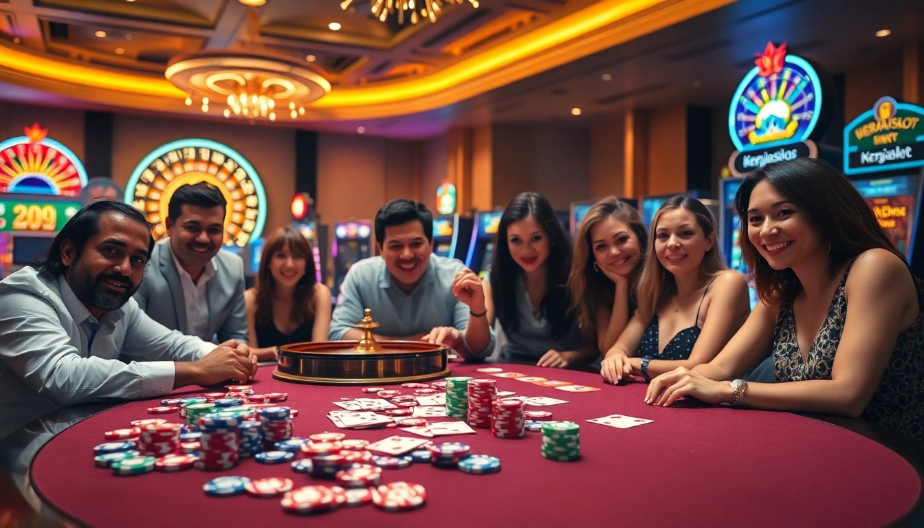 Engage in the excitement of kerajaanslot with vibrant casino games and players at a luxury table.