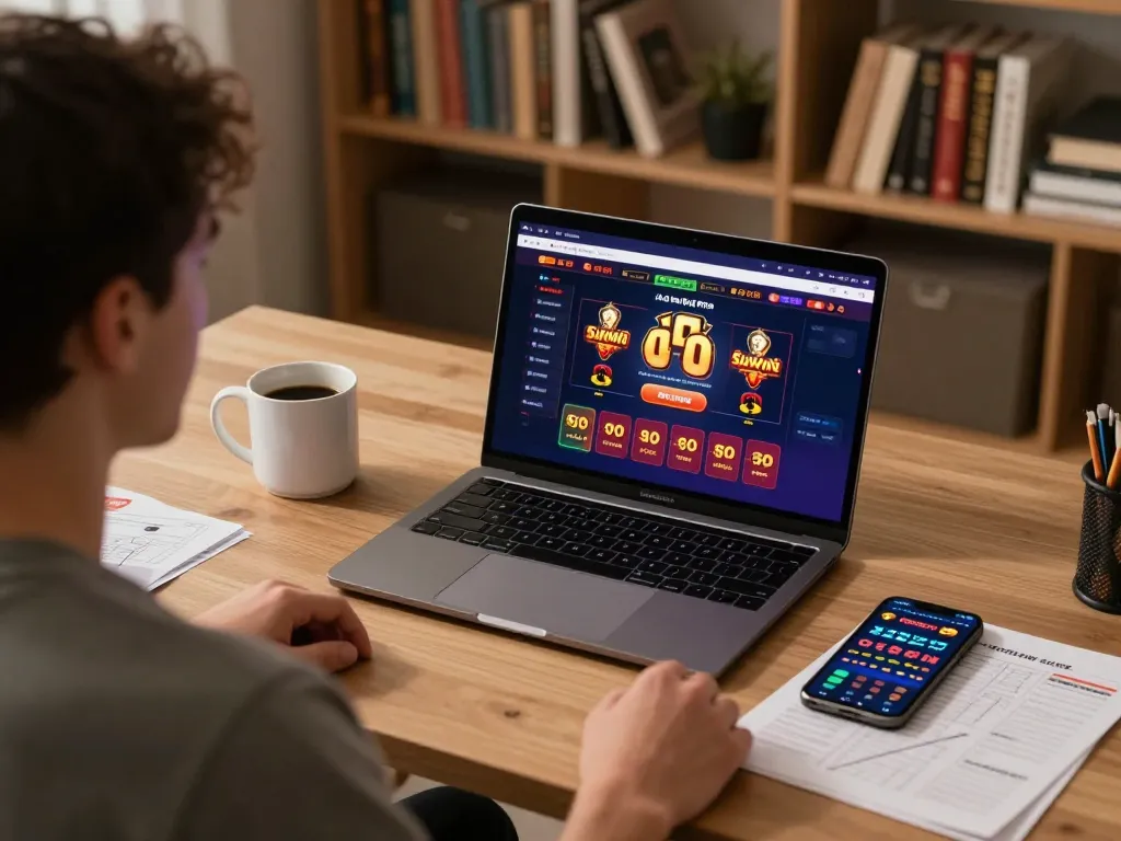 Player enjoying online gambling on Sunwin platform at home, combining leisure and strategy.