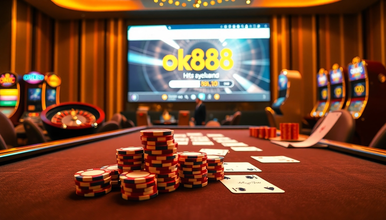 Experience the thrill of online gambling at https://ok88.tech/ with vibrant casino elements like poker chips and roulette.