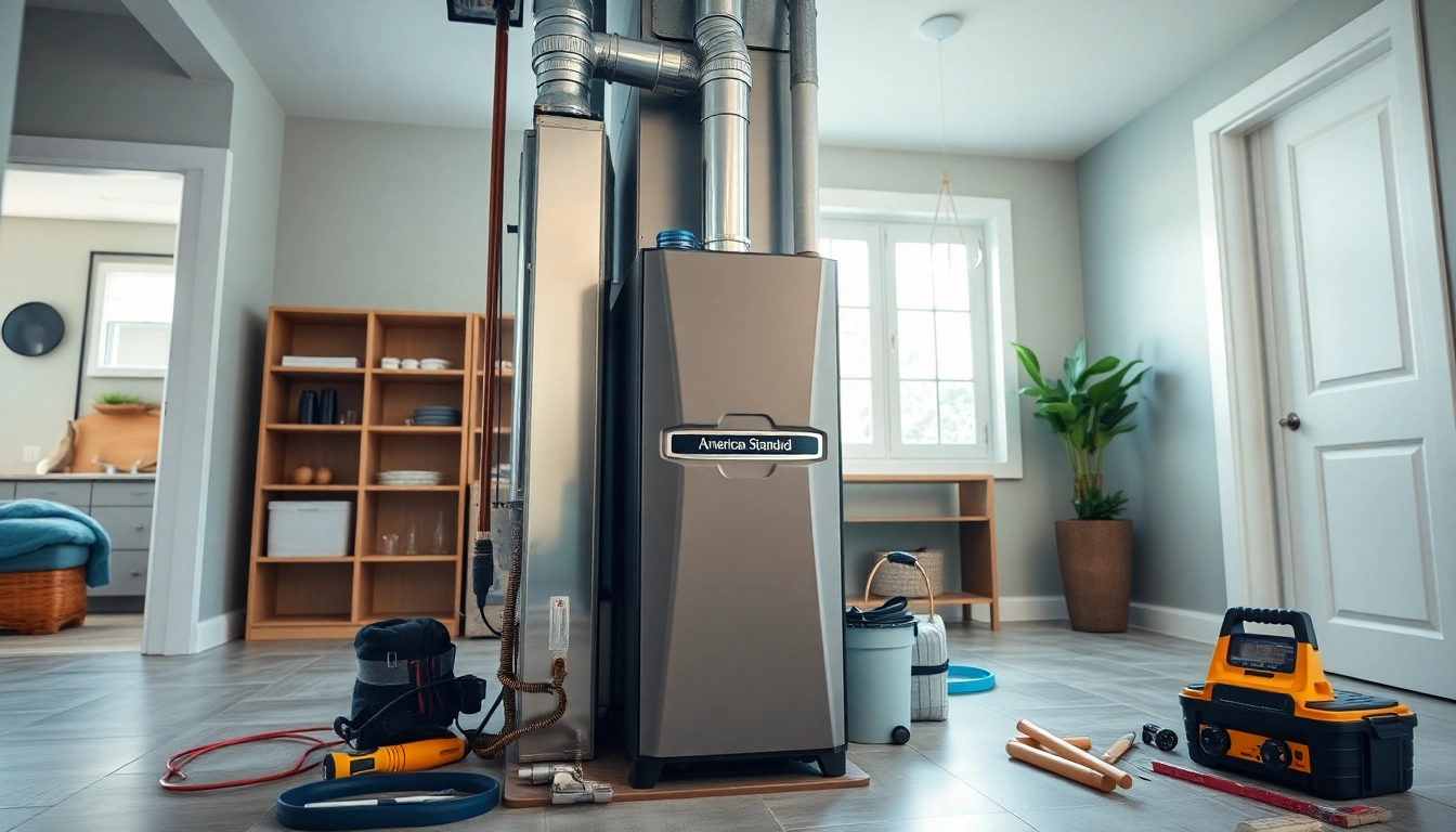 Installing an american standard furnace in a modern home with tools and bright lighting.