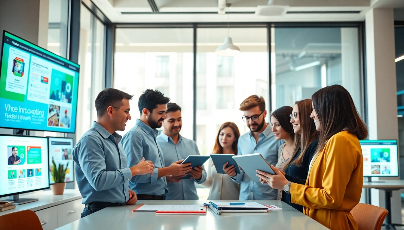 Engaged web design company team collaborating effectively in a modern office.