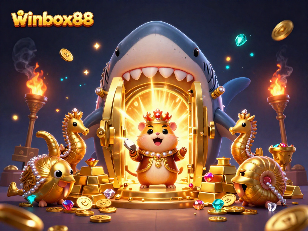 winbox88 casino scene featuring a golden hamster king and treasure elements creating an engaging online gambling atmosphere.