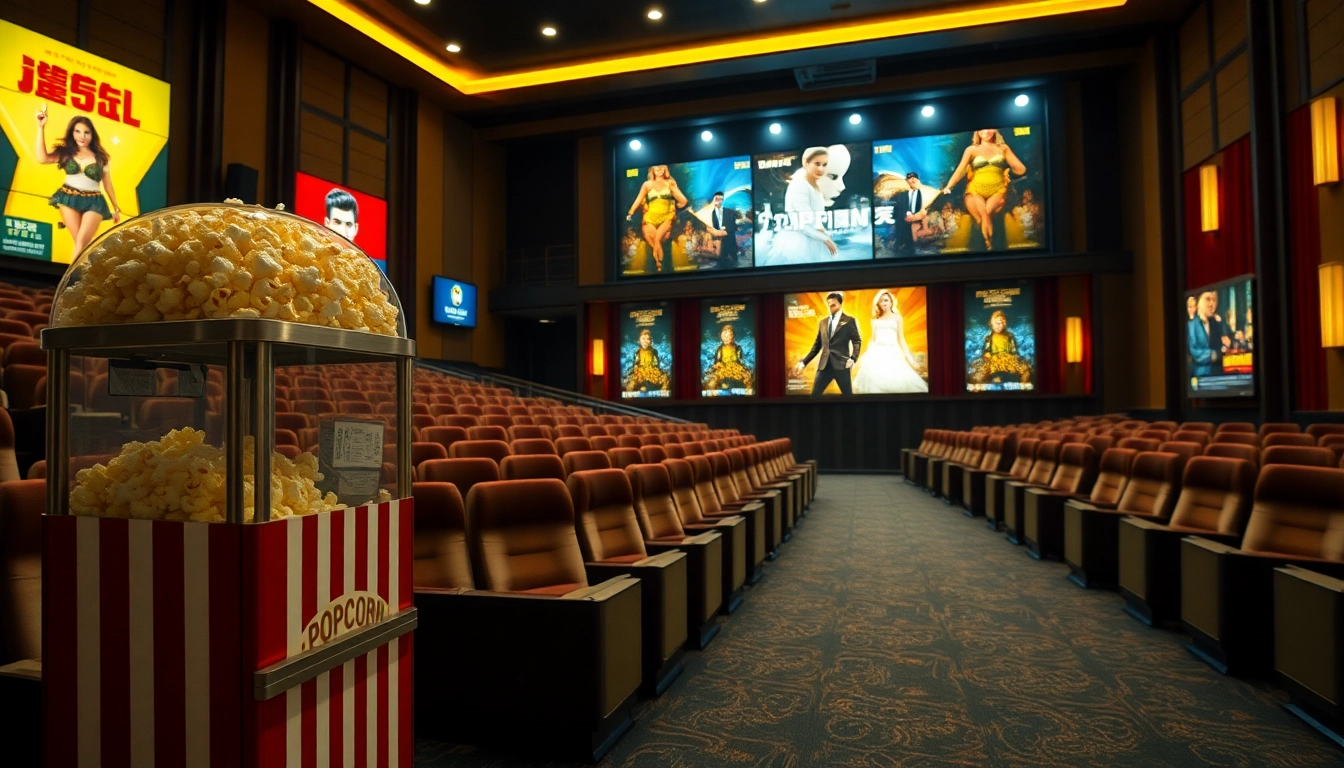 Enjoy “ดูหนัง” in a vibrant cinema hall filled with movie posters and a popcorn stand.
