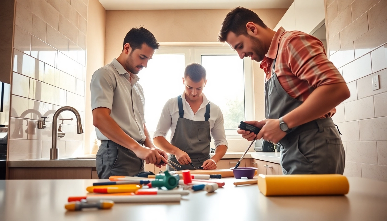 Plumbers and tilers collaborating on a kitchen project, showcasing their skills and tools effectively.