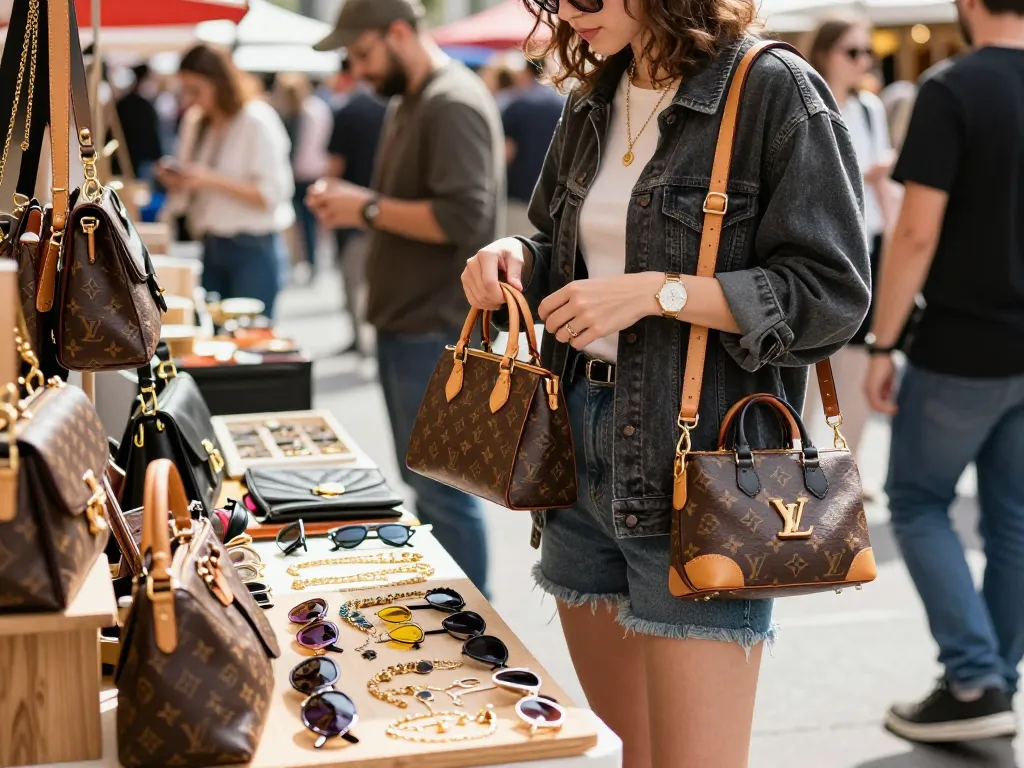 Shopping at a luxury 레플리카 사이트 market for trendy replica fashion accessories and bags.