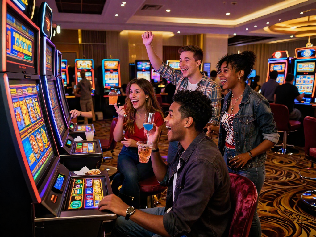 Excited friends playing slot bonus machine in vibrant casino atmosphere.