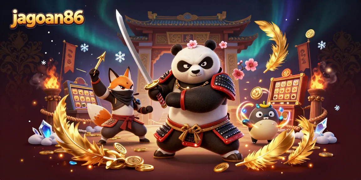 Engage with jagoan86 through a dynamic 3D scene featuring samurai panda and ninja fox in a vibrant casino setting.