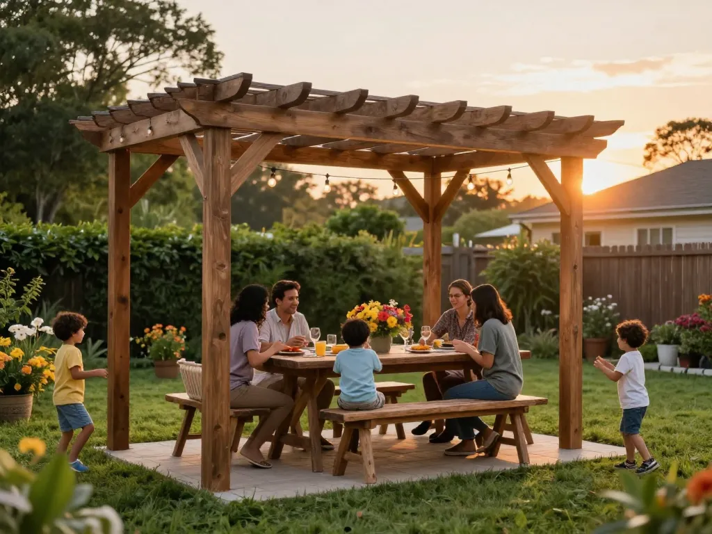 Family enjoying time under a beautifully designed 3D pergola in a lush backyard.