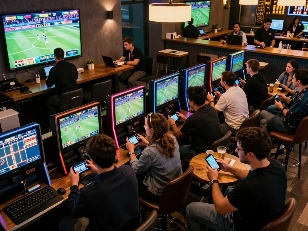 Engaged bettors analyze odds at Nk88's lively sports betting lounge with multiple screens showing live events.
