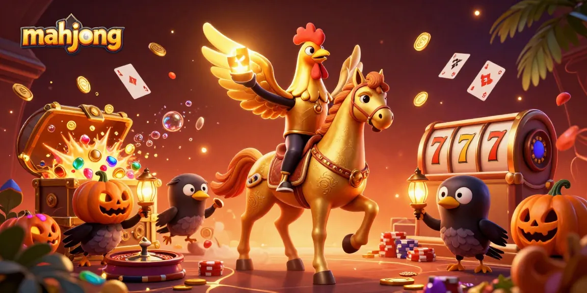 Play mahjong with golden rooster characters in a magical casino scene filled with treasure and excitement.