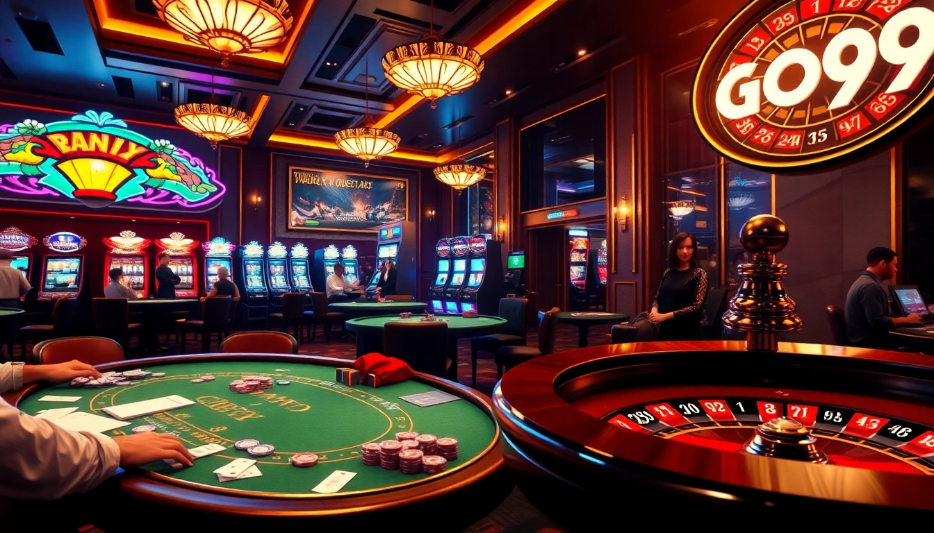 Excited gamblers enjoying a vibrant casino scene with GO99 branding and dynamic gaming options.