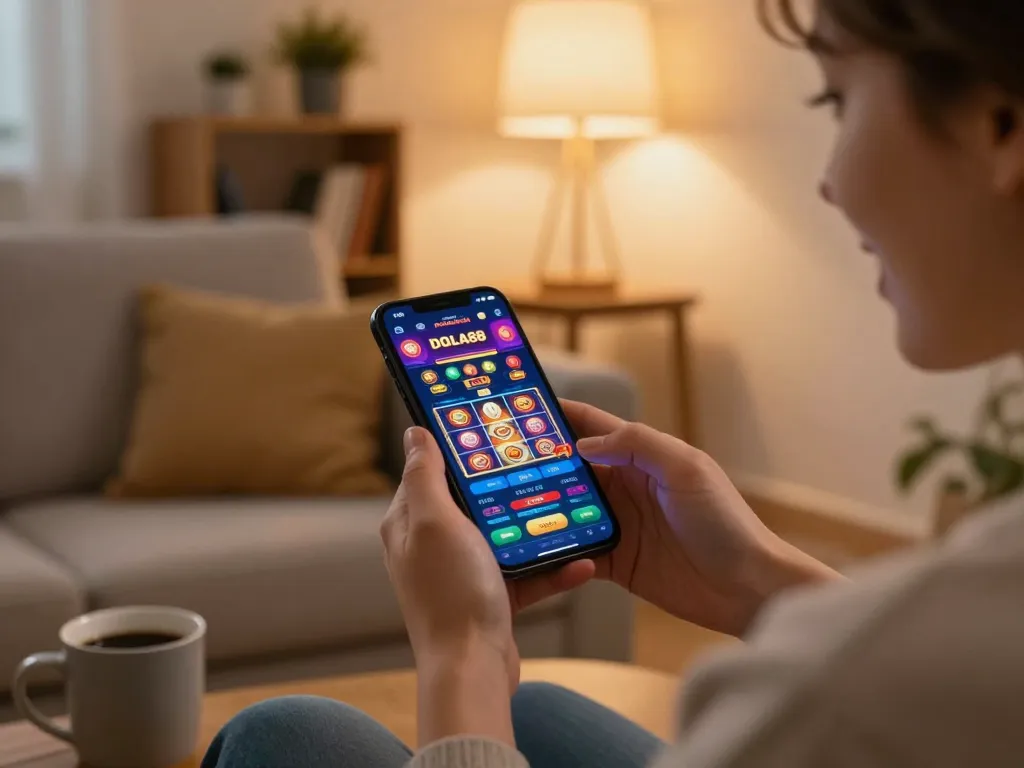 DOLA88 mobile app in action, showcasing exciting slots gameplay on a smartphone against a cozy home backdrop.