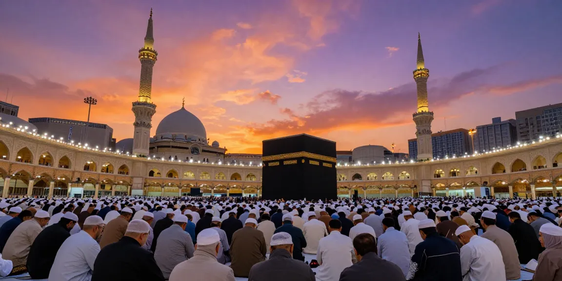 This image captures the essence of umroh full ramadhan with pilgrims at the Grand Mosque, illustrating a travel guide to spiritual journeys and cultural connections.