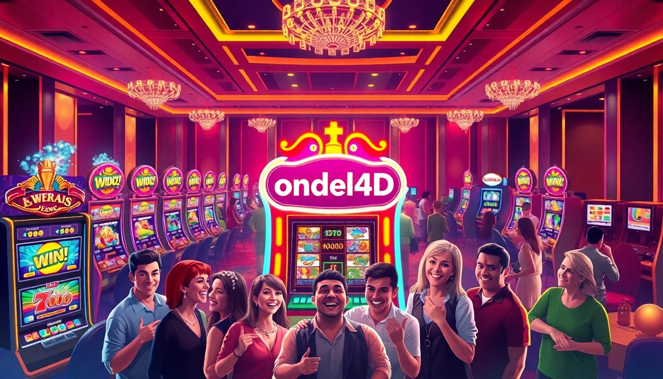 Mainkan ondel4d slot dengan mesin slot yang cerah dan pemain bahagia dalam suasana kasino online.