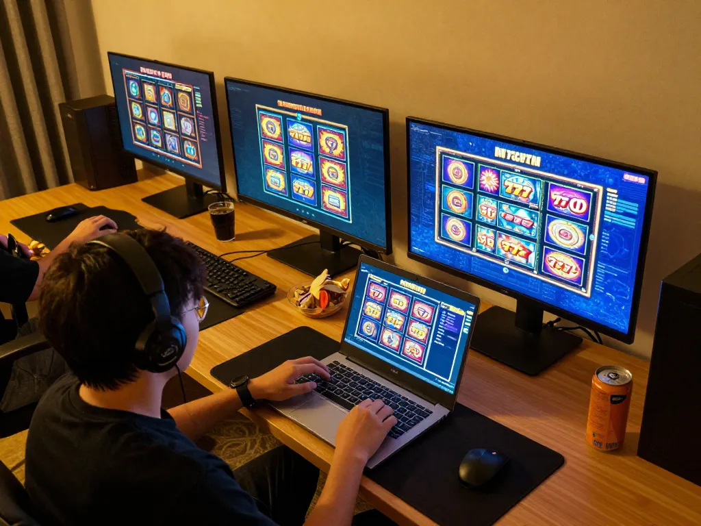 Engaging in slot gacor 777 gameplay on a laptop, showcasing a stylish home gaming setup