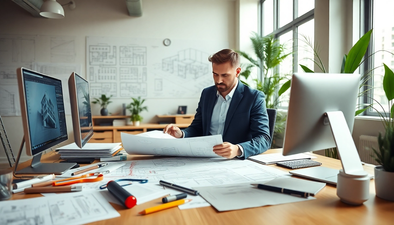 Commercial architect reviewing architectural plans in a bright, modern office environment.