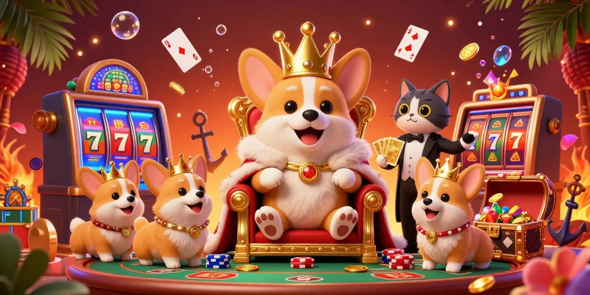 Cika4d corgi-themed casino illustration showcasing vibrant slot reels, gold coins, and lively characters in action.
