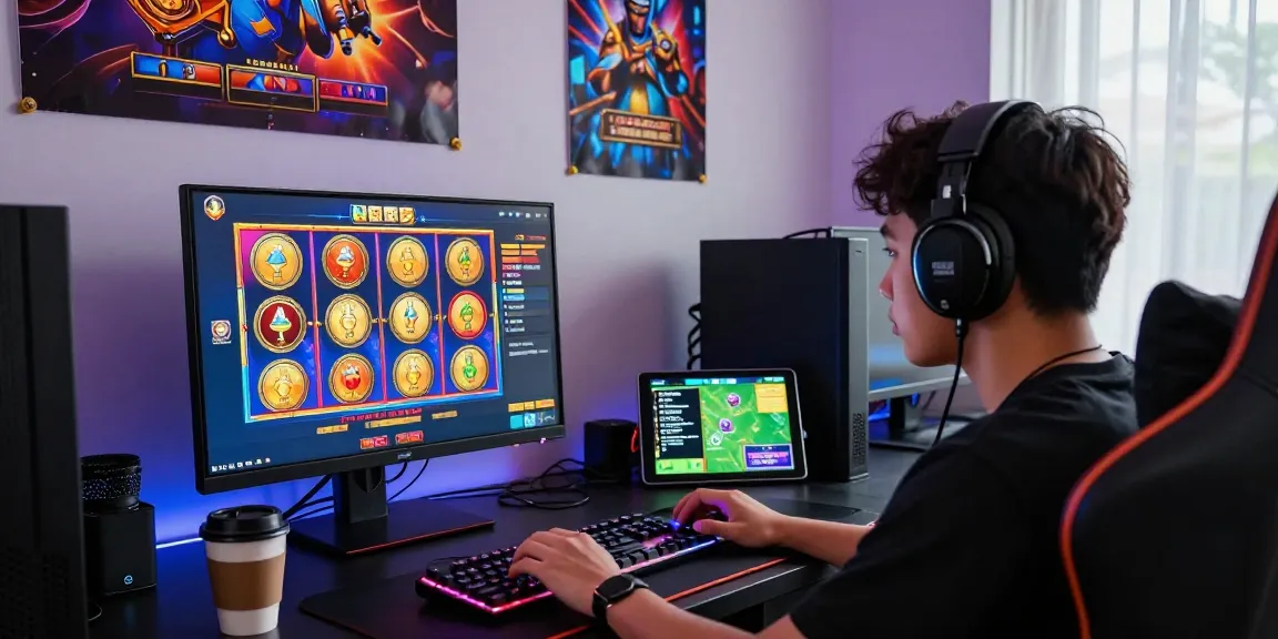 Permainan slot gacor online dengan gamer fokus di depan komputer.