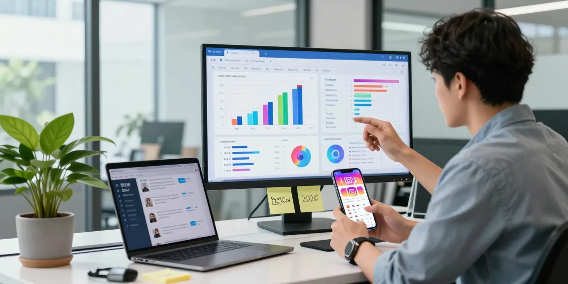 Analyzing Instagram analytics, acheter des abonnés francais instagram strategies in a modern office.