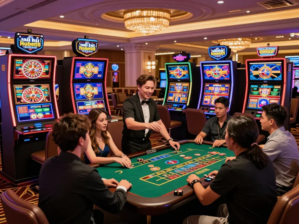 Engaging online casino scene depicting players enjoying nổ hũ hubet88 with vibrant games and luxury ambiance.
