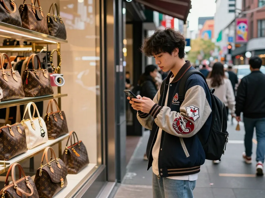 Young shopper admiring 레플리카 bags in a vibrant urban setting.