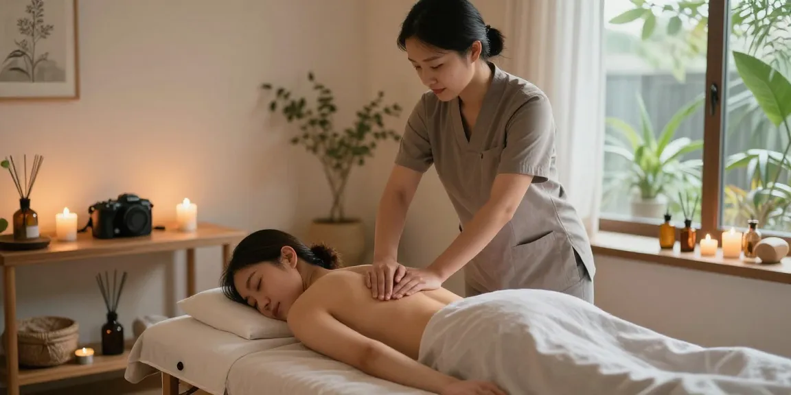 마사지 테라피 중 편안한 분위기에서 아로마와 조명이 어우러진 실내에서 고객이 스웨디시 마사지를 받는 모습.