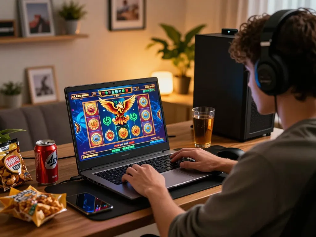 Person enjoying a garuda slot game on a laptop, surrounded by snacks in a cozy gaming environment