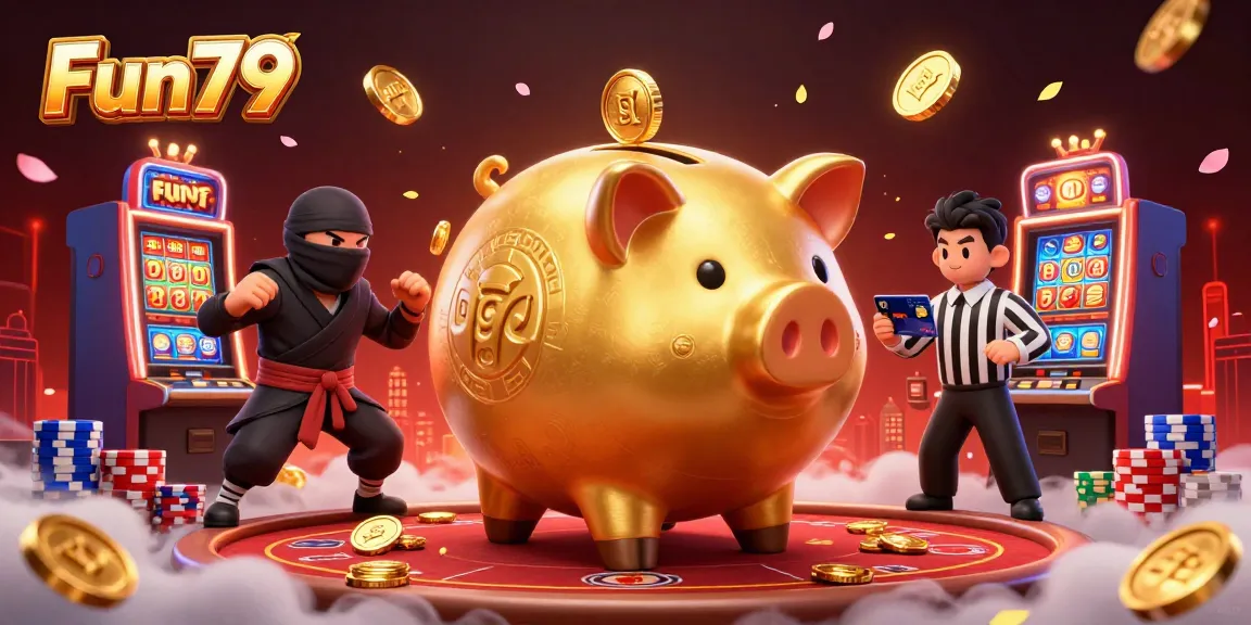 Fun79's epic Sumo wrestler piggy bank dominates the casino scene amidst vibrant poker chips and coins.