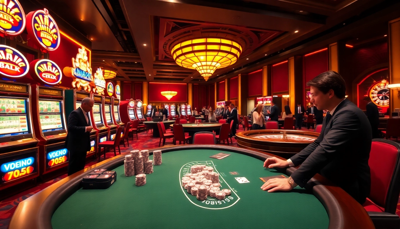 Exciting scene of Casino VMAX 2026 with players engaging at poker tables and vibrant slot machines.