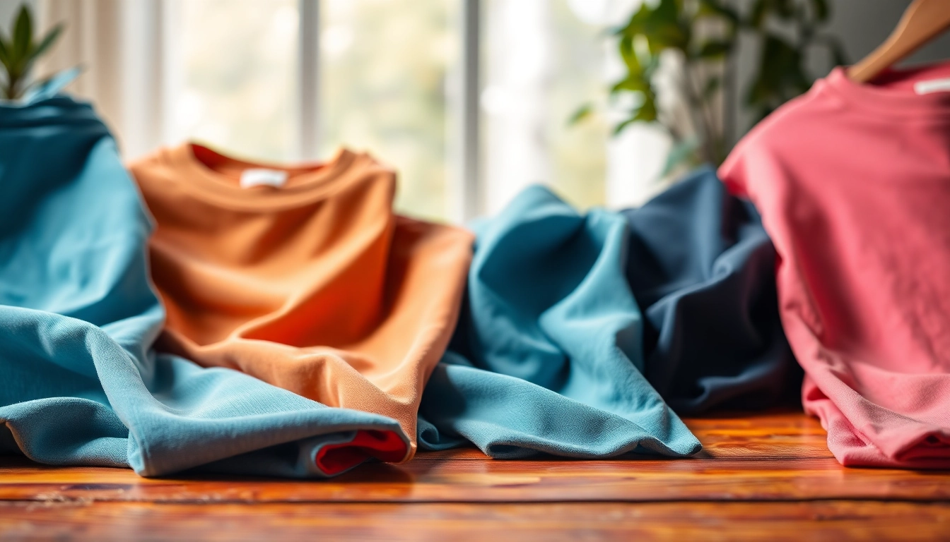 Showcasing a variety of best blank t shirts in diverse colors and styles on a wooden table.