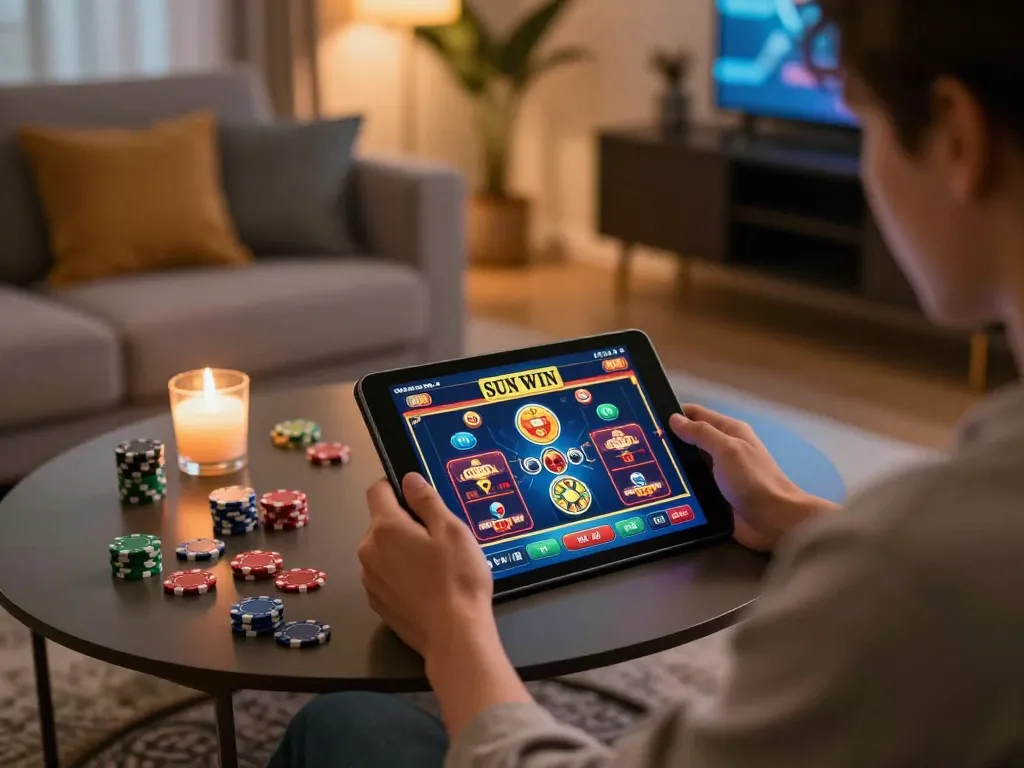 SUN WIN interface displayed on tablet during an exciting home gaming session.
