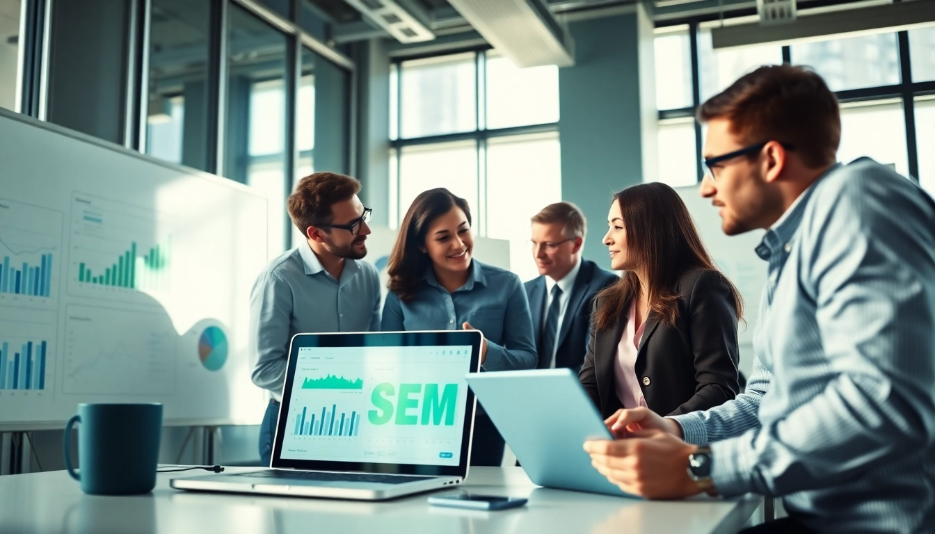 Enhance search engine marketing (SEM) strategies with a professional digital marketing team brainstorming in a modern office.