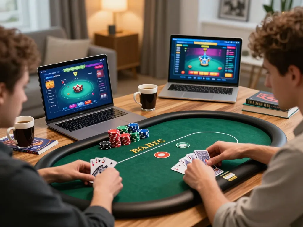 vt88 online poker players engaged in gameplay with vibrant gaming interface in a cozy setting