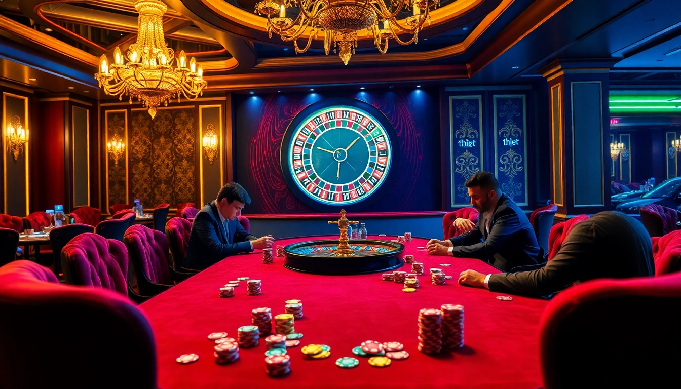 Engage with thrilling poker action at thabet casino, featuring vibrant chips and a roulette wheel in a luxurious setting.