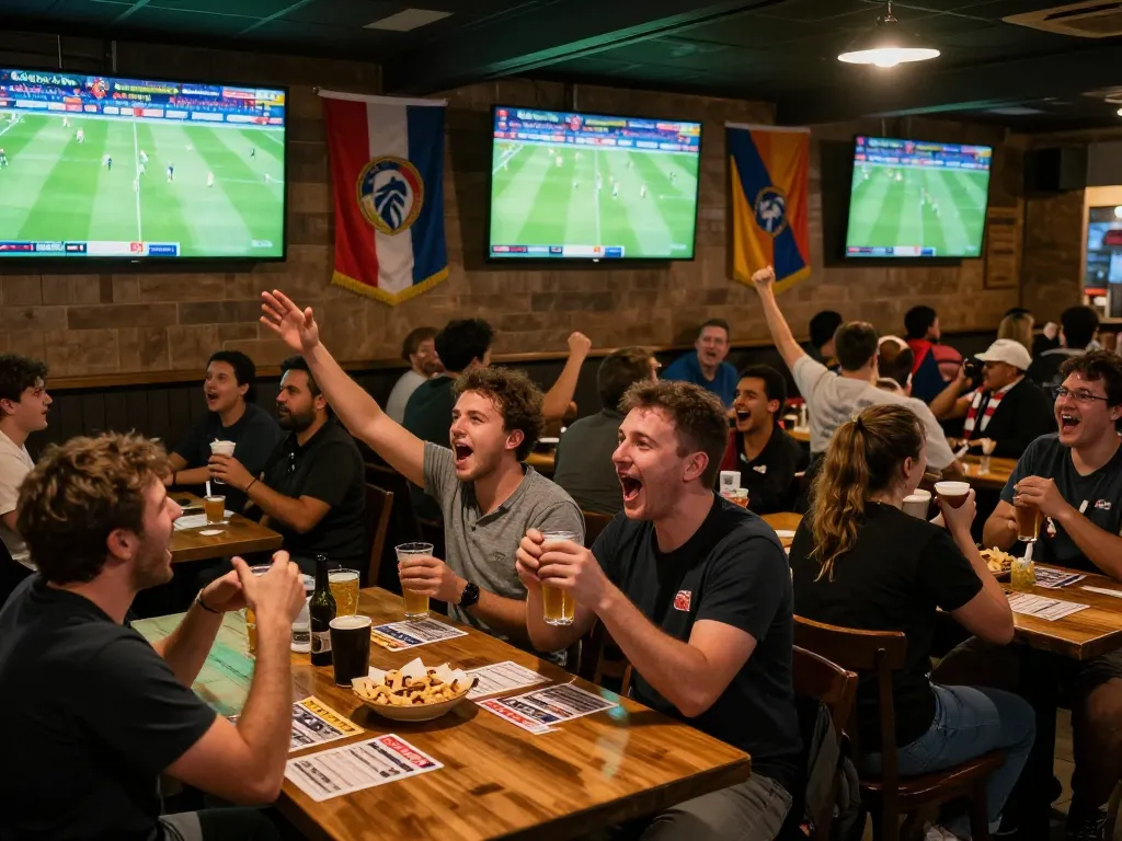 Cakhiatv streaming live football with enthusiastic fans in a bustling sports bar atmosphere.